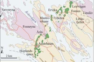Kart over berggrunnen og Herdlamorenen i Austrheim